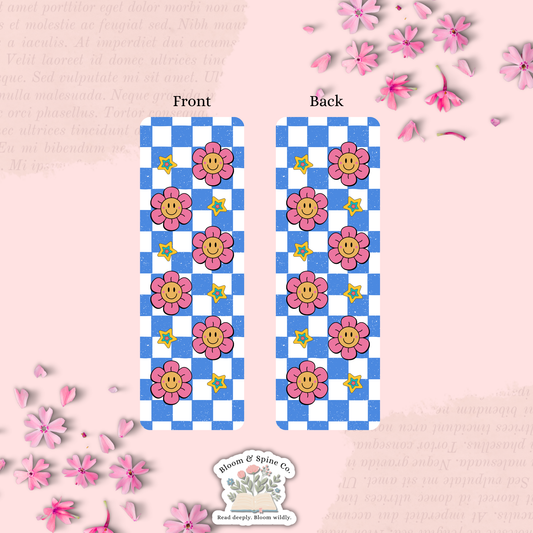 Blue Checkered Pink Flowers Bookmark